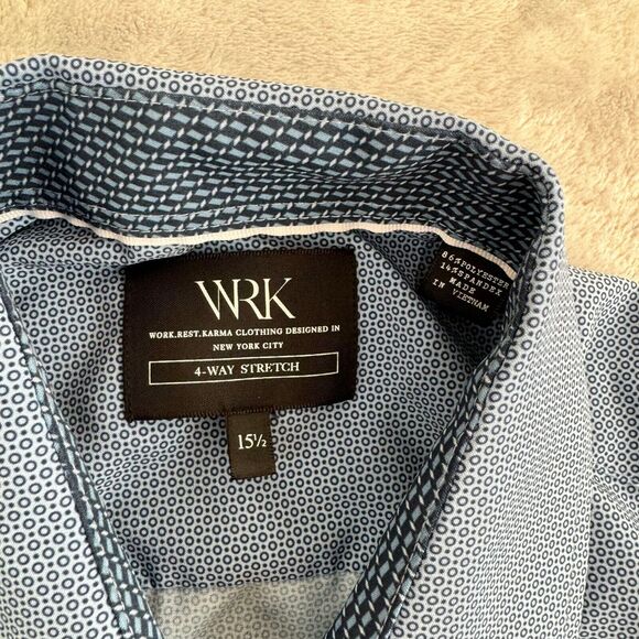 WRK Shirt Mens 15.5 Blue Geometric Button Up Flip Cuff 4-Way Stretch Party Club - Picture 2 of 12